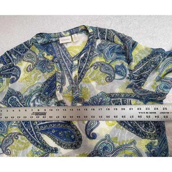 Chico's Womens Long Sleeve V-Neck Paisley Tunic Top Size 3 Blue/Yellow Chiffon - Picture 7 of 8